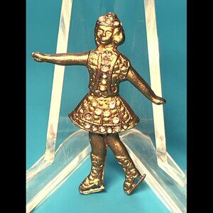 Vintage Golden Bejeweled Ice Skater Women Handmade 2" Metal Brooch Pin